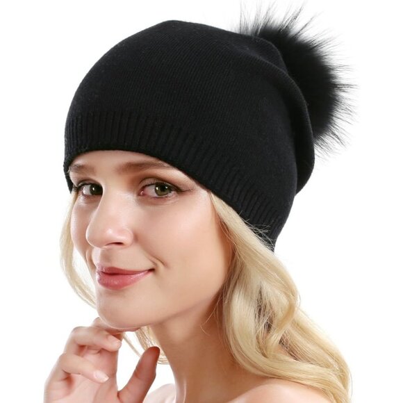Women Knit Wool Beanie Winter Cashmere Ski Hat with Real Raccoon Fur Pom Pom - Picture 1 of 6